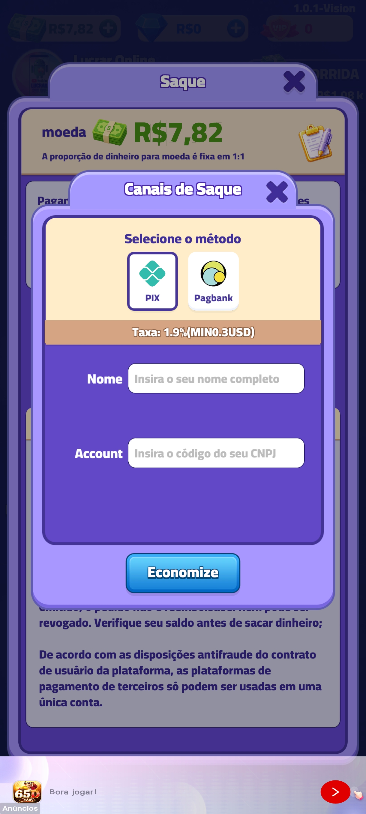 Tela de canais de saque do Cargo Sort com Pix e PagBank