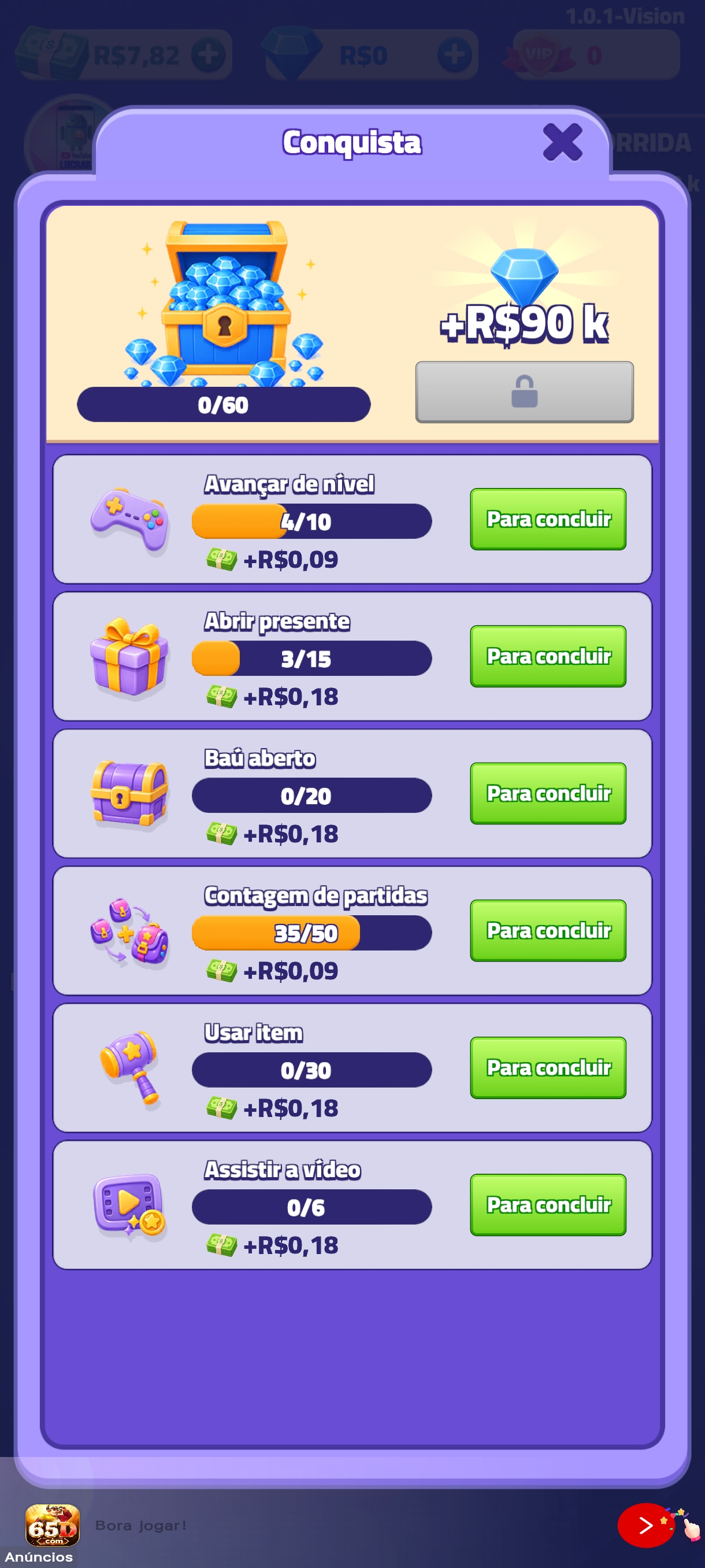 Tela de conquistas do Cargo Sort com tarefas e valores em reais