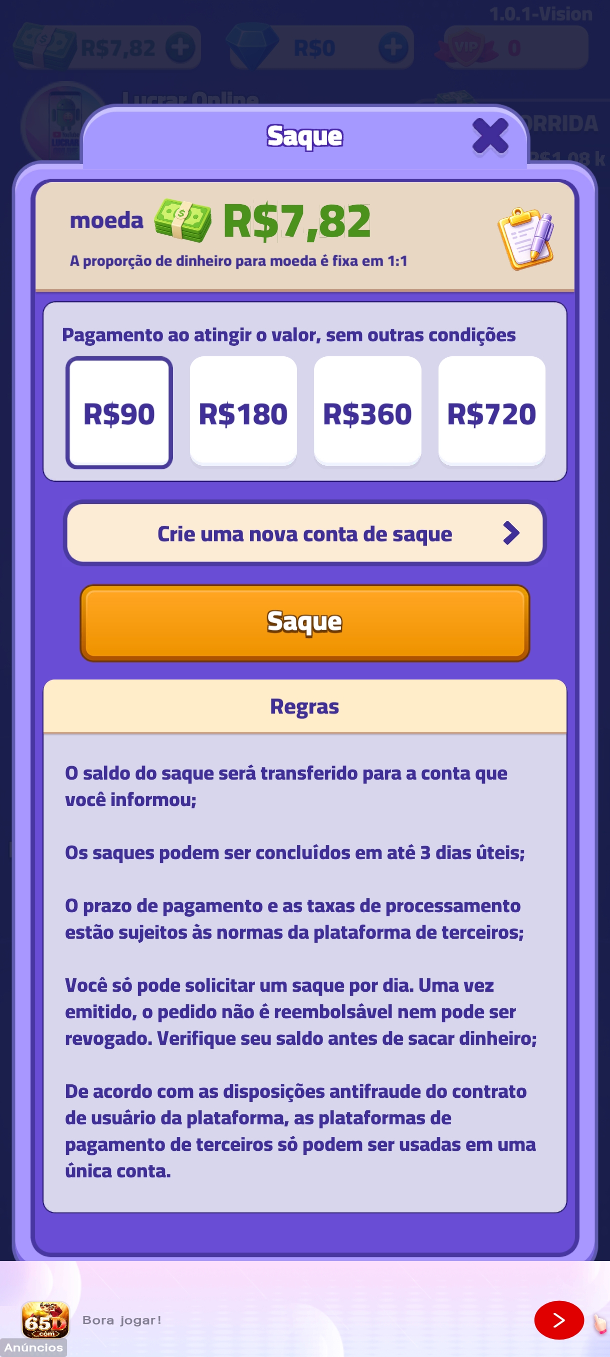 Tela de saque de moedas do Cargo Sort com valores de R$90 a R$720