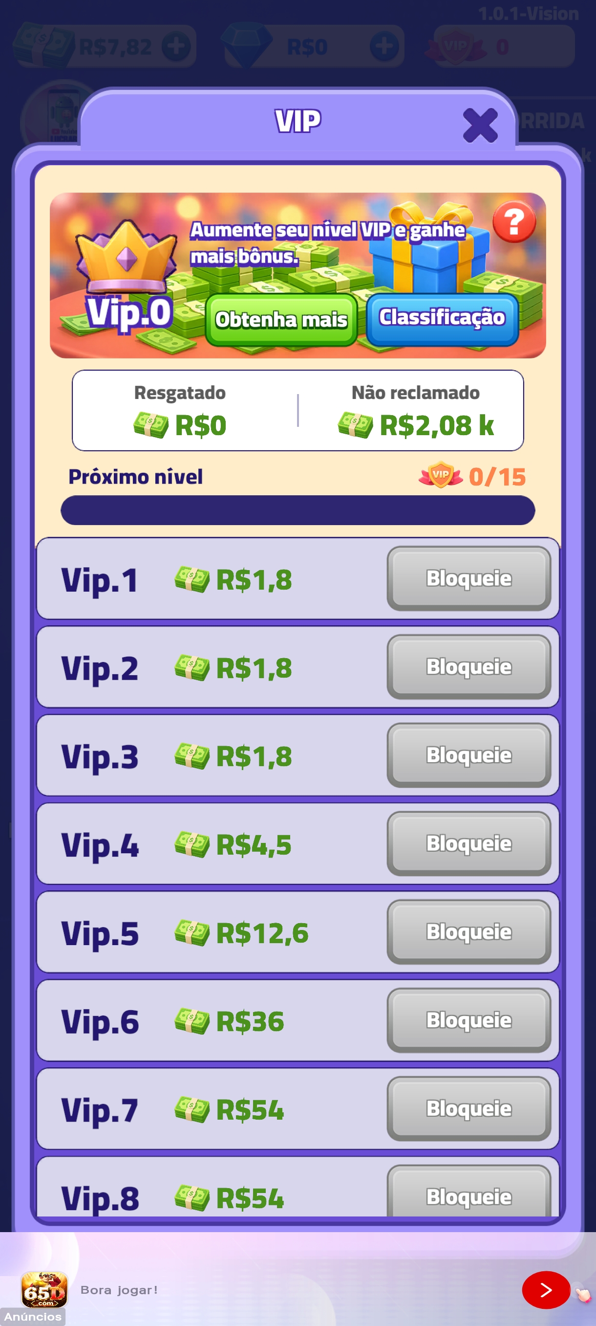 Tela VIP do Cargo Sort com níveis e recompensas