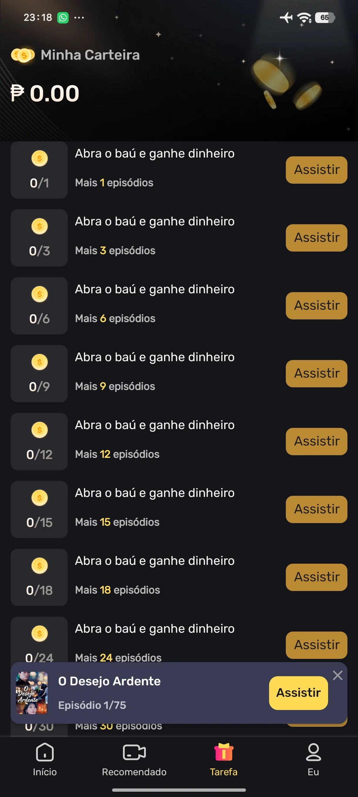 Carteira do DramaSpot com tarefas para assistir episódios