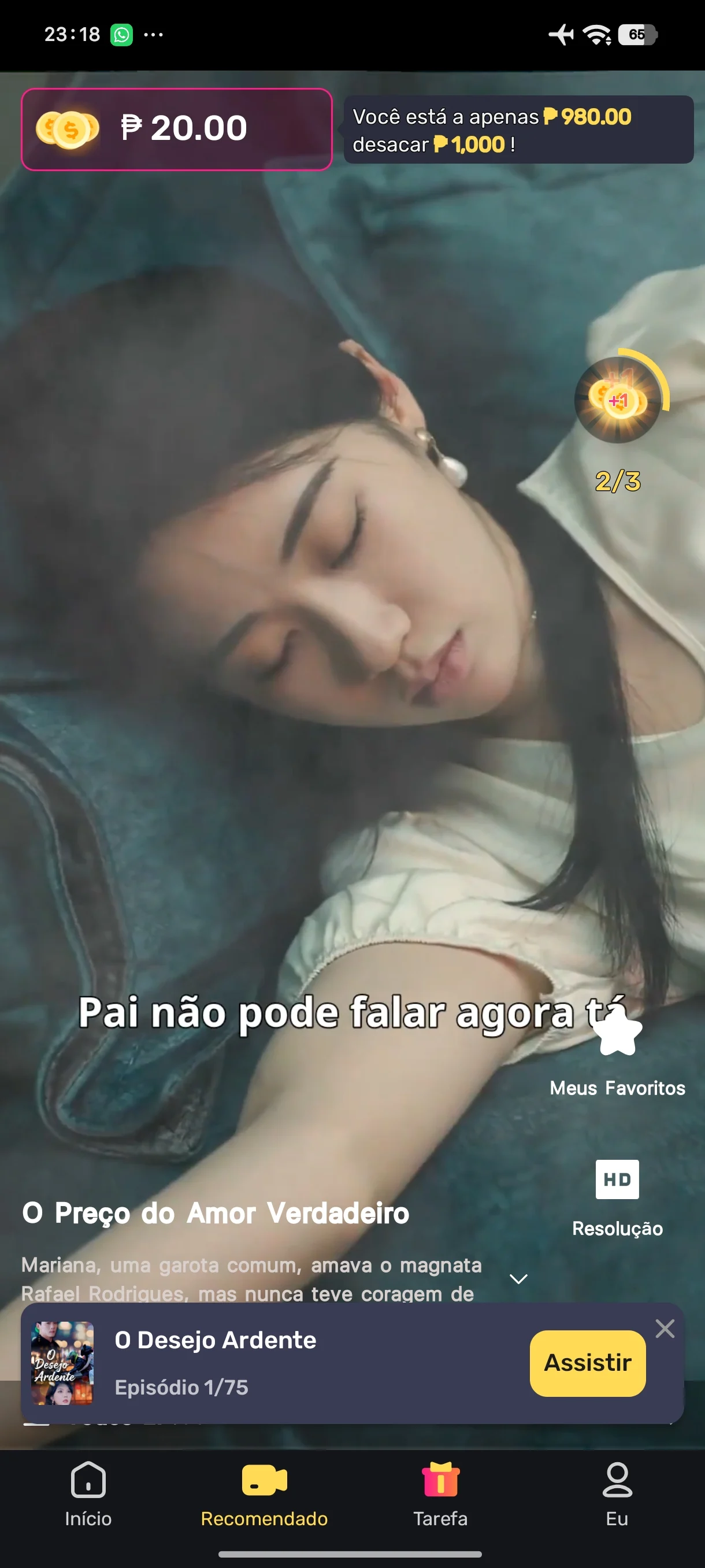 DramaSpot exibindo episódio e saldo de moedas