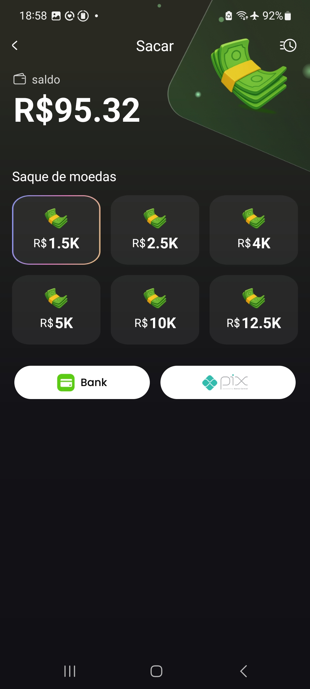Tela de saque do HotMiniDrama com saldo de R$ 95,32
